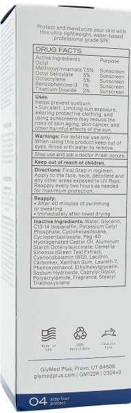 Сонцезахисний гель проти фотостаріння SPF 30 / Hydrating Protection Gel with SPF 30 / GlyMed Plus