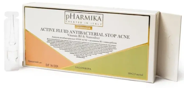 Ампули антибактеріальні STOP ACNE з вітаміном В3 та наносеребром / ACTIVE FLUID ANTIBACTERIAL STOP ACNE Vitamin B3 & Nanosilver / pHarmika