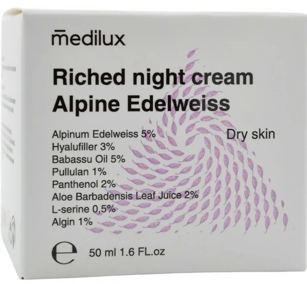 Ночной крем для сухой кожи с Эдельвейсом обогащен пептидами / Riched night cream Alpine Edelweiss / MEDILUX купить
