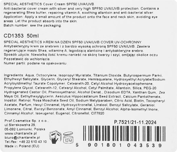 Антбактеріальний крем з сріблом / Cover Cream SPF50 UVA / UVB Silver Anti-Bacterial Photoprotect / Chantarelle купить
